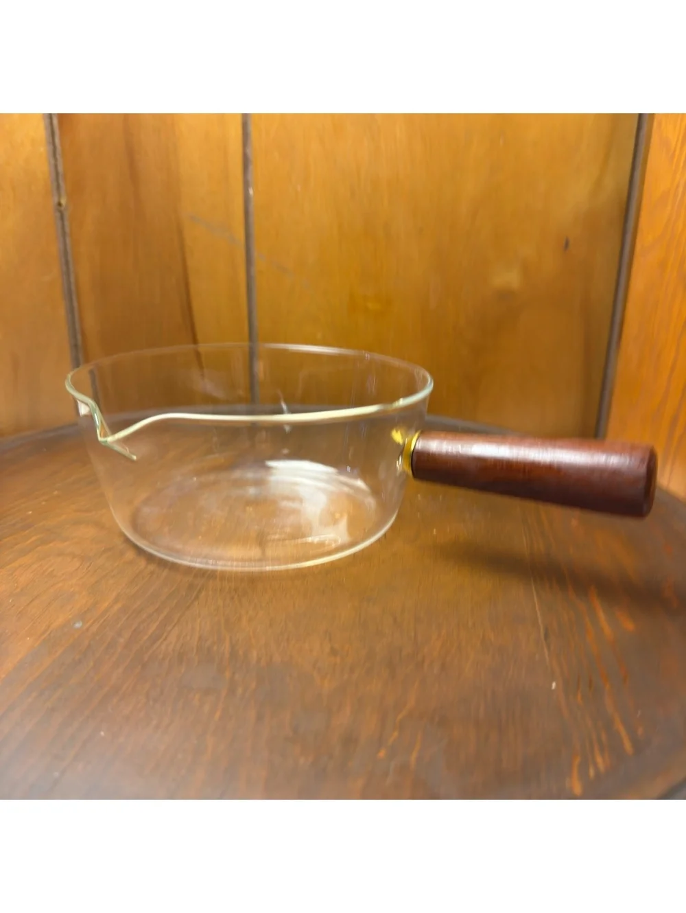 Clear Glass Saucepan With Wood Handle 6 Inch Pour Spout Vintage Style
